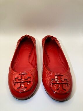 Tory Burch Minnie Patent Leather Scrunch Heel Ballet Flats Cherry Red Size 7M US